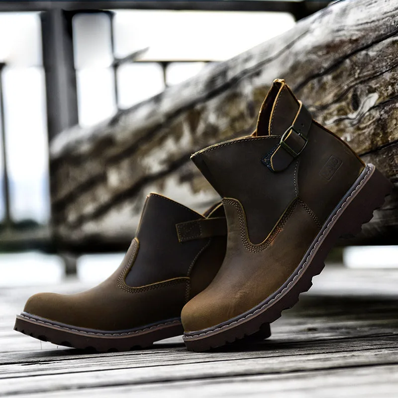 DOYUTIG Men Genuine Leather British Motorcycle Boots Retro Low Cut Workwear Boots Crazy Horse Leather Male Outdoor Shoes SGC003