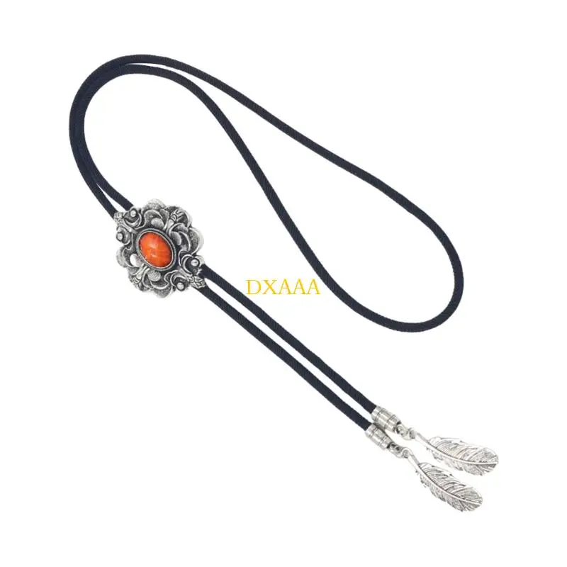 DXAA Carved Flower Bolo Tie Western Necktie Stone Lariat Necklace for Men Gentleman
