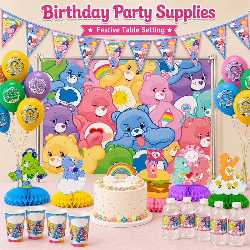 Care Bear Colorful Bear Birthday Party Supplies Plate Honeycomb Flag Background Balloon Set For Festival Celebration Table Decor