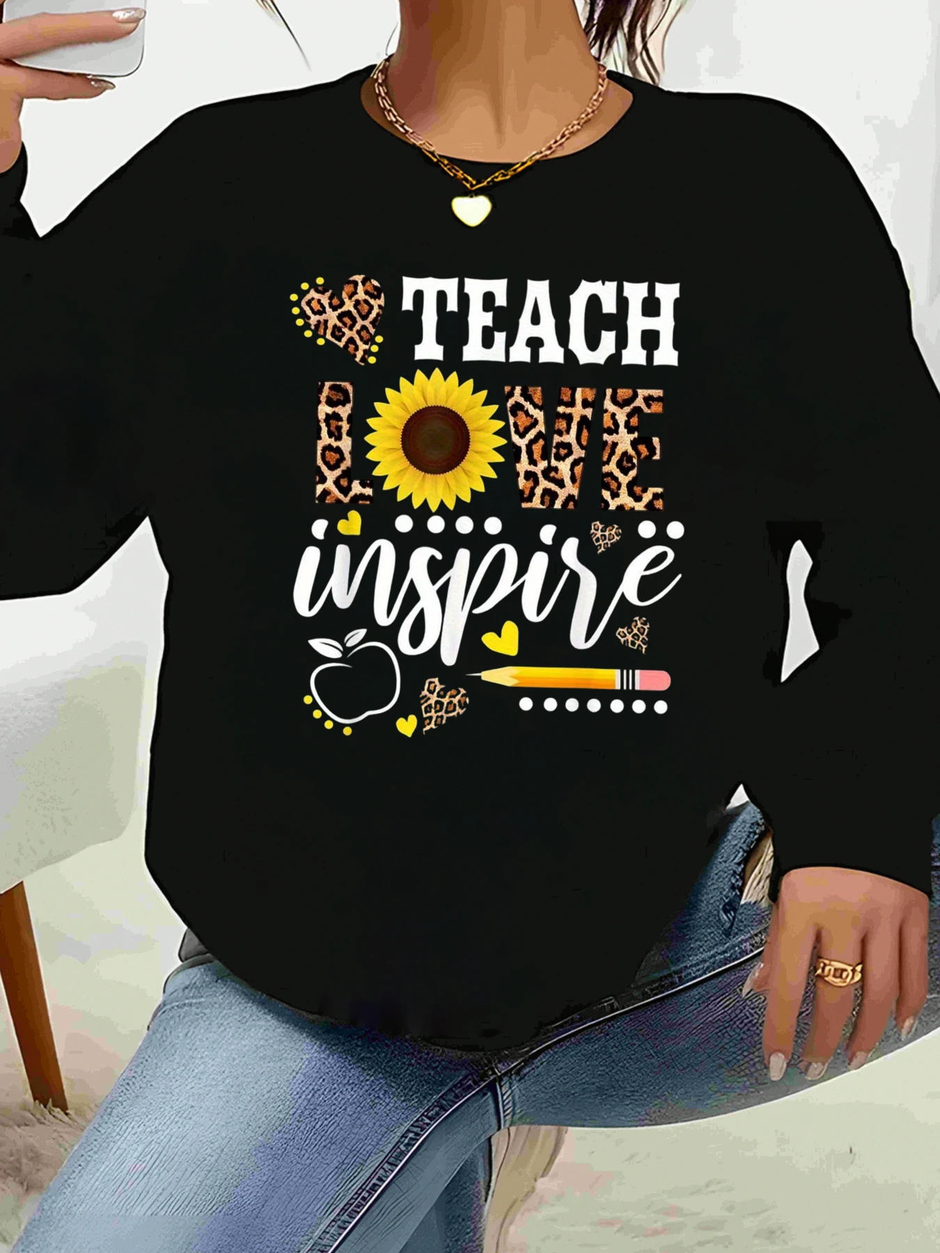 

Teach Love Inspire Леопардовый подсолнух Яблоко Толстовка с длинными рукавами и принтом карандашей для учителей Школьная рабочая одежда для женщин