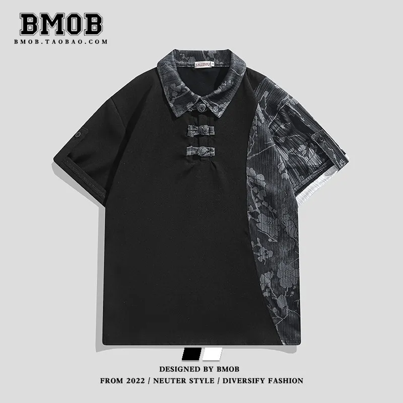 2026 New Summer Fashion Chinese Style Frog Button Polo Shirt Color Block Spliced Unique Design Casual Short Sleeve T Shirt