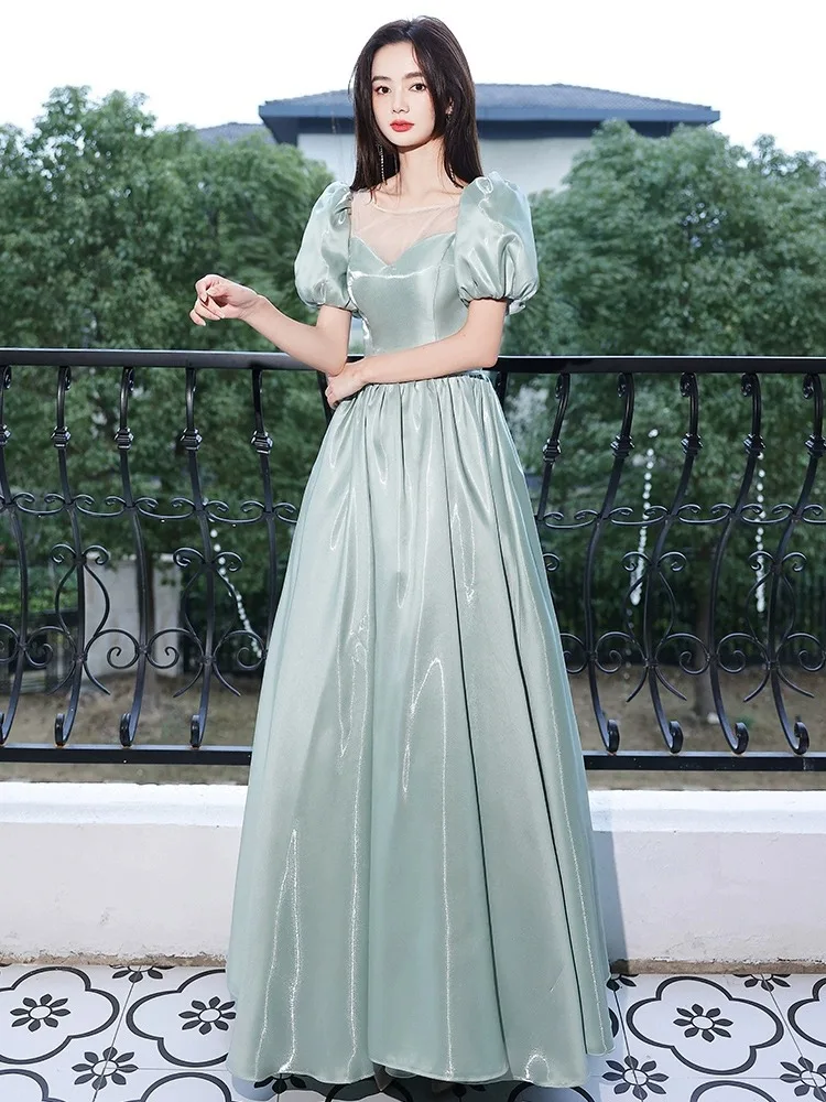 Mint Classic Satin Evening Dress Elegant Square Neck Puff Sleeve Lace Up Prom Vesido A-Line Simple Formal Banquet Long Dresses