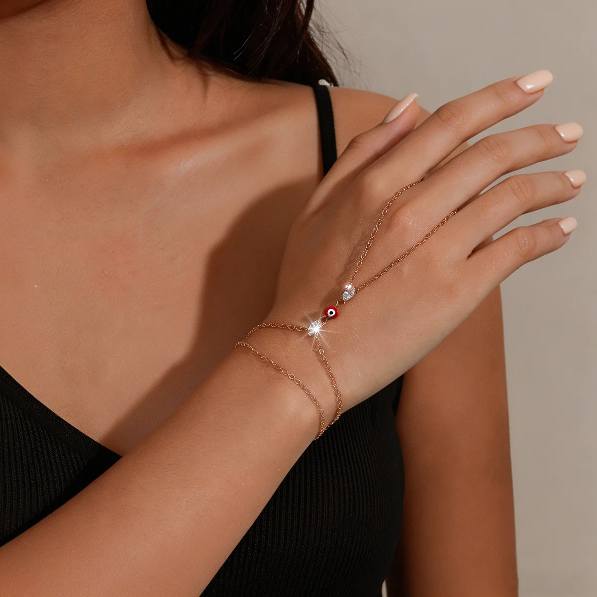 Protective Evil Eye Hand Chain Bracelet Dainty Finger Ring Link Strand Minimalist Sparkle Wrist Harness Trendy Daily Jewelry