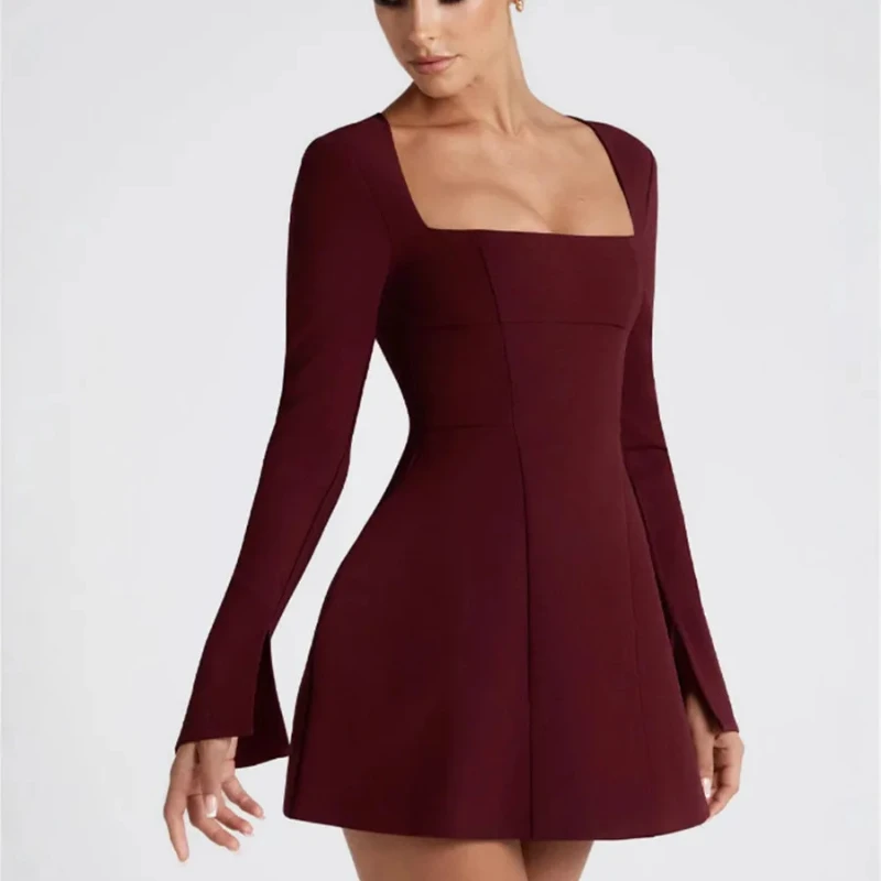 French Autumn Sexy Sweet Pure Color Simple Square Collar Temperament Ladies Waist Cinching Slimming A-line Short Dress Long Slee