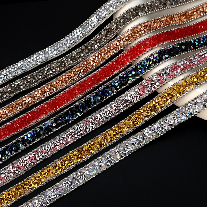 1Yard autoadesivo 10mm strass perline Trim resina strass Hotfix nastro ferro su catena per indumento fai da te, scarpe, decorazioni per abiti