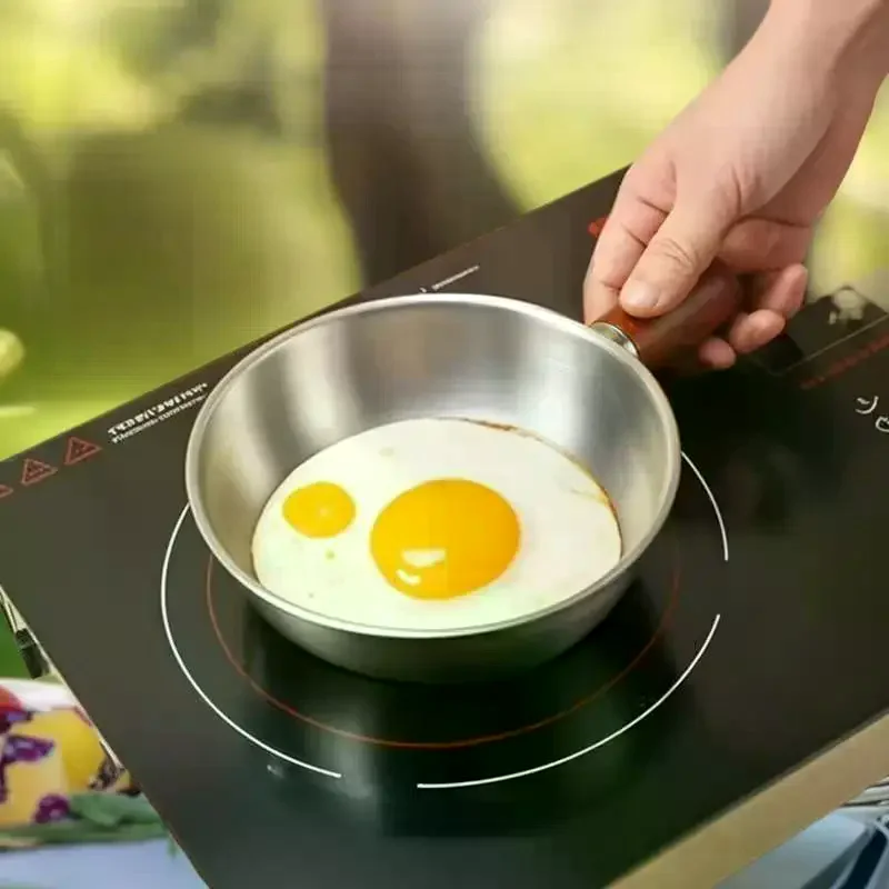 Tigela de aço inoxidável para uma pessoa com alça de madeira de nogueira para salada de frutas, utensílios de cozinha para restaurante