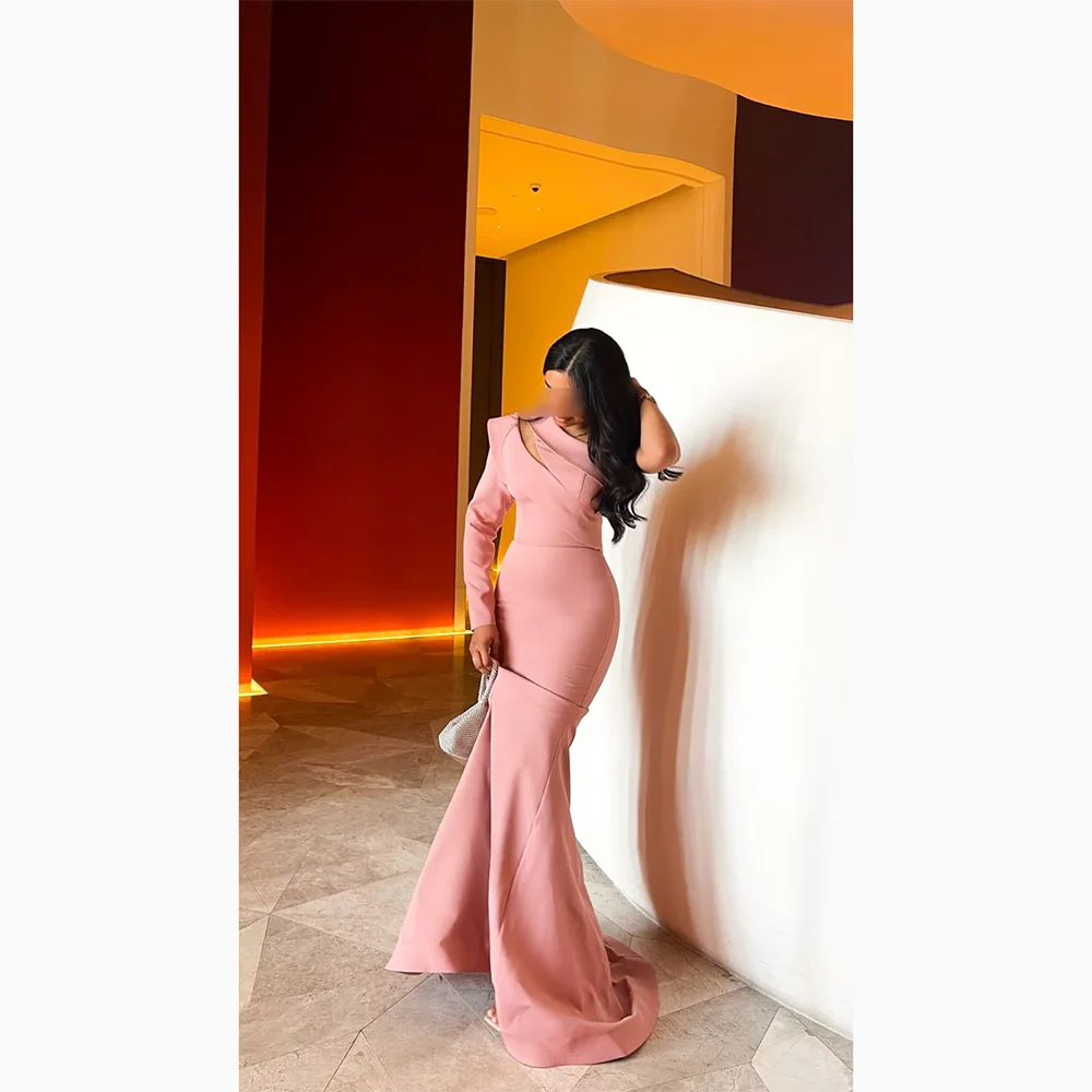 

Long Pink Prom Dresses One Shoulder Long Sleeves Mermaid Lengtrh Jersey Evening Gowns Leaked Back Party Dress Customized 2025