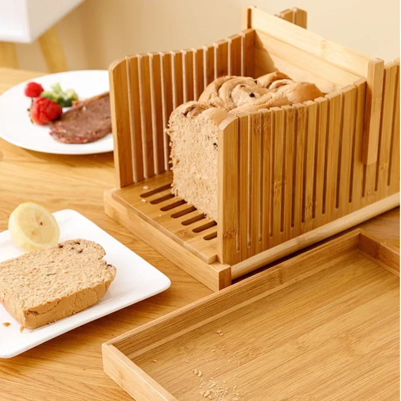 Versatile Bamboo Bread Slicer Box, Multifunctional Kitchen Tool, Foldable Toast Cutting Board for Home Bakery