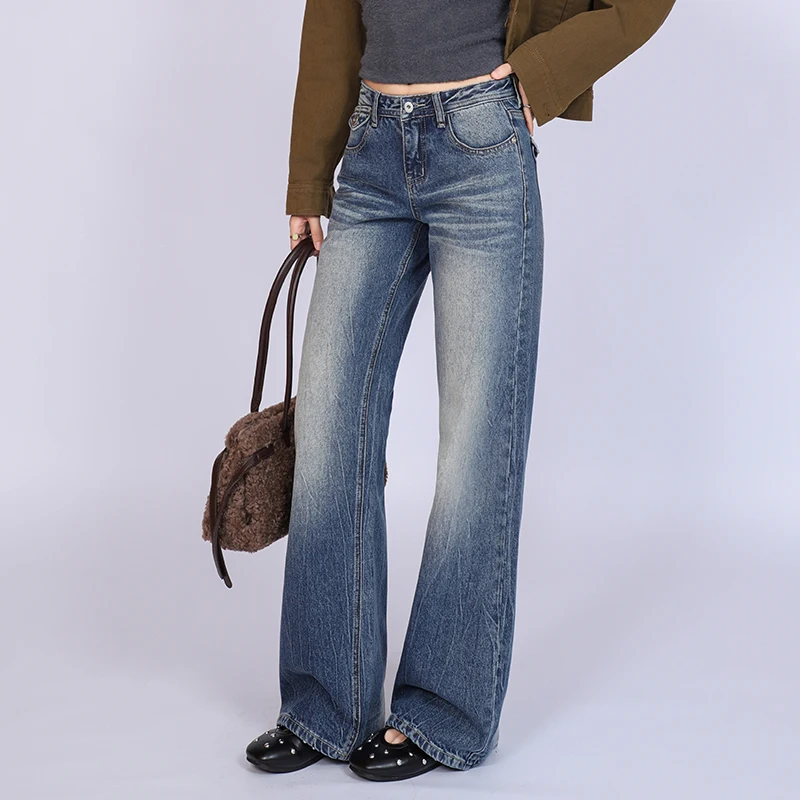 Y2K American Retro Faded Blue Jeans Women High Street Vintage Wash Wide Leg Denim Pants Korean Trendy All-match Denim Trousers