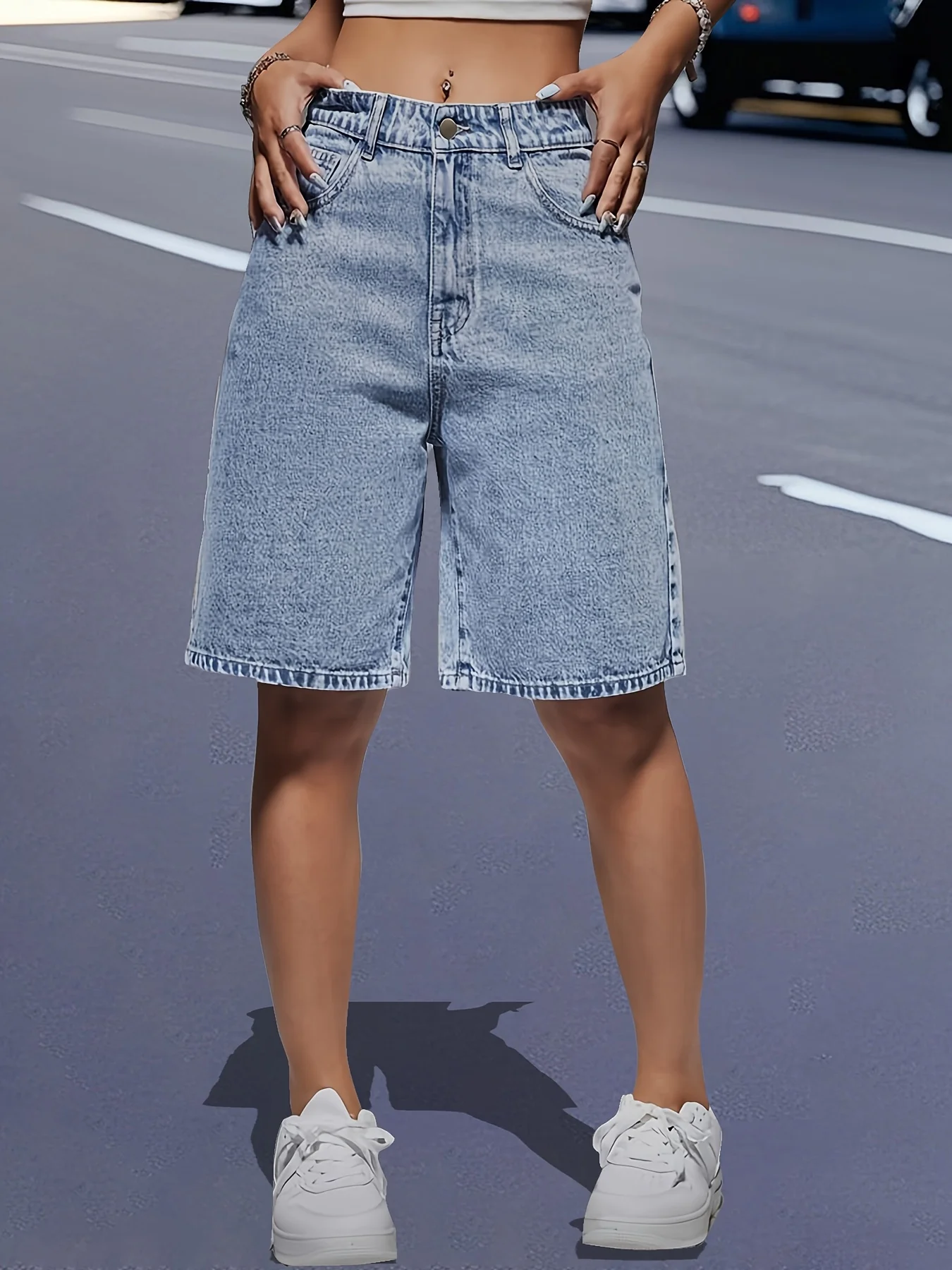 

Women's High-Waist Stretch Denim Mid-Length Shorts - Light Blue Casual Washed Texture, Spring/Summer Collection,