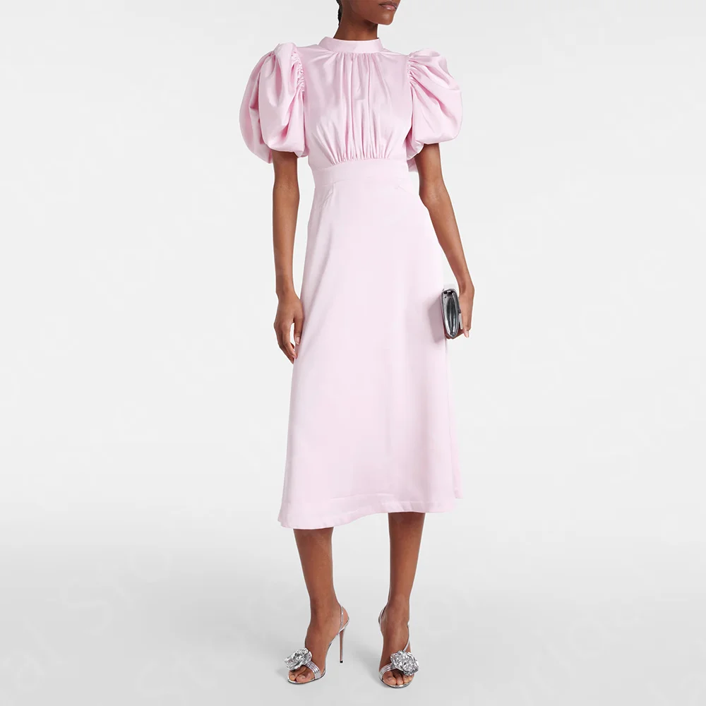 

Lovely Pink Mother of the Bride Gowns Short Wedding Mother Dress High Neck Puff Sleeves Wedding Party Dress Mid Customized