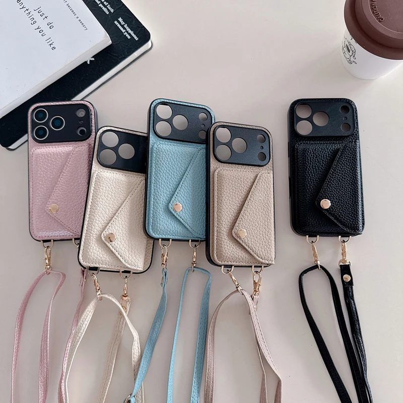 Luxus-Kartentasche, Brieftasche, PU-Leder, Handyhülle für iPhone 17, 16 Pro, 17 Pro max, 15, 14, 13, 11, 12, Crossbody-Gurt, Lanyard, harte Abdeckung