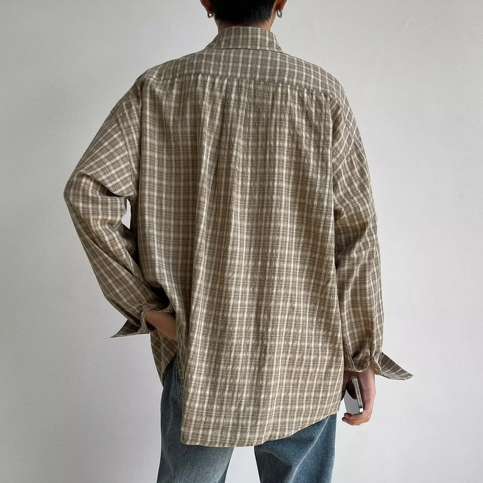 Japanese Retro Checkered Long Sleeved Shirt For Men Autumn Korean Fashion Casual Loose Fit Men's Shirt Coat Y2k Streetwear