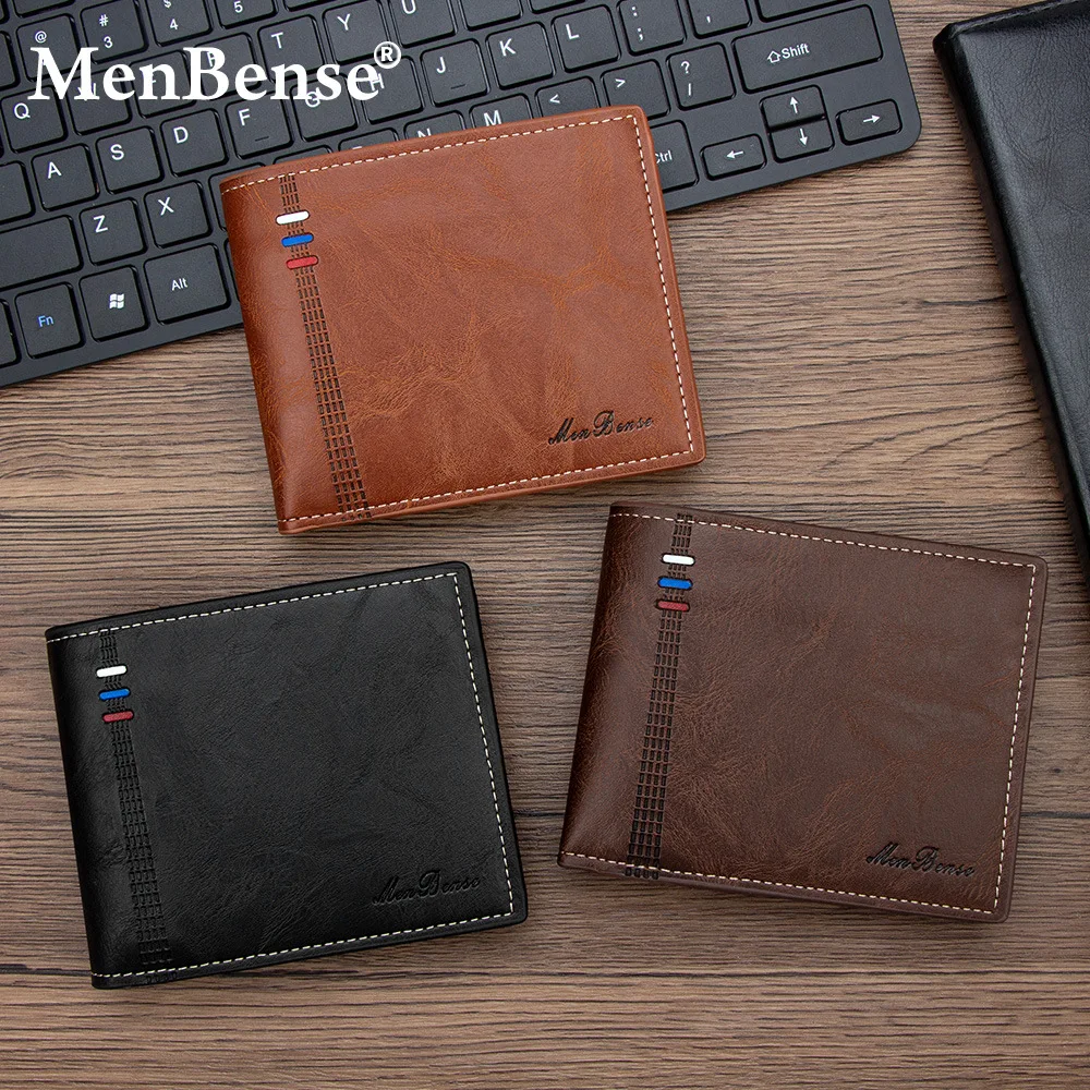 

PU leather contrasting color men's short wallet with multiple compartments, horizontal lightweight coin purse, zipper coin case