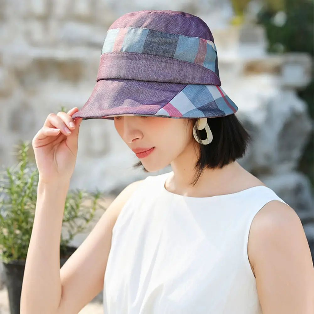 Fashion Womens Bucket Hat Plaid Pattern Sunshade Fisherman Cap Spring Summer Outdoor Travel Breathable Adjustable Sun Visor