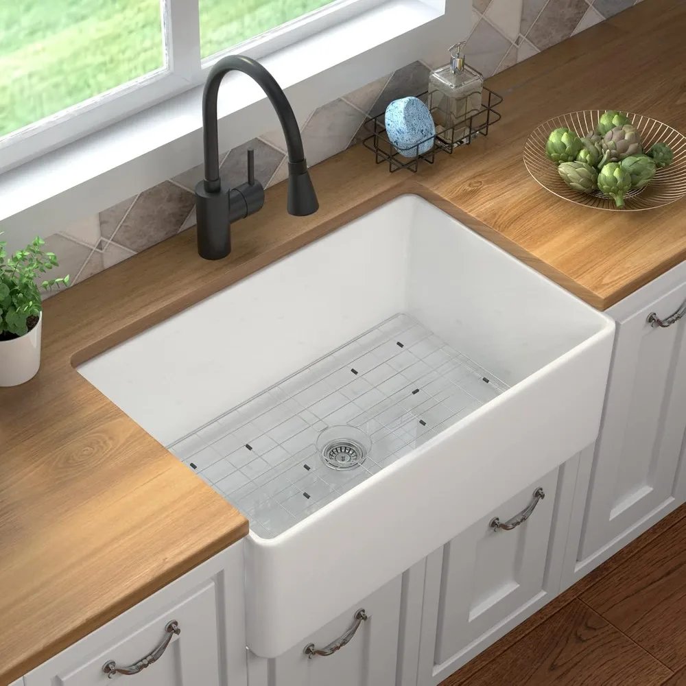 Farmhouse Kitchen Sink, 30 x 20 Single Bowl Sink with Bottom Grid & Strainer,Large Apron-front Ceramic Porcelain Sink Basin