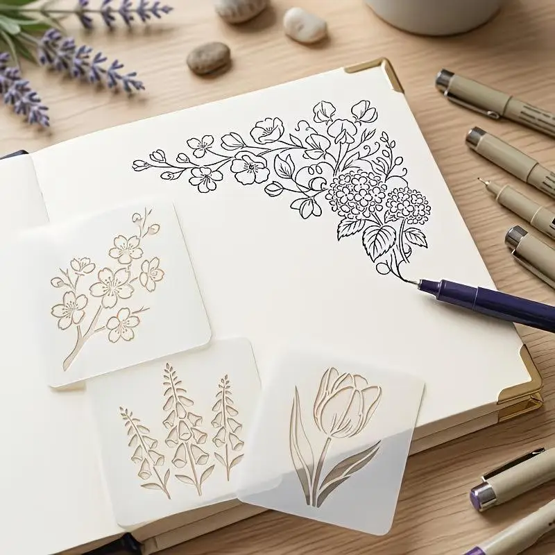 9pcs Floral DIY Painting Stencils Portable Paper Craft Supplies for Spray Painting Notebook Album Cover Decoration