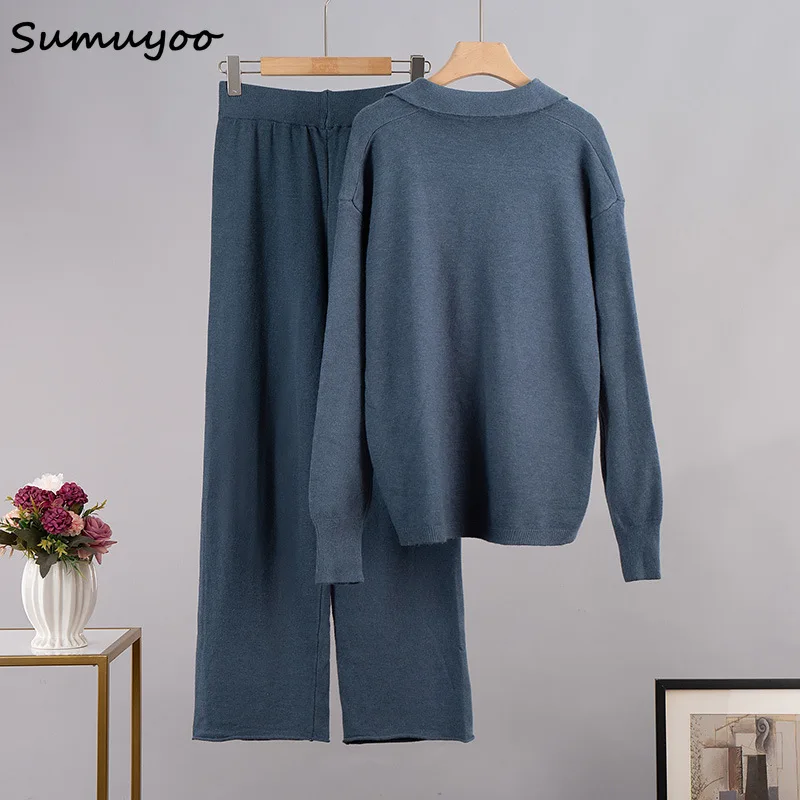 Sumuyoo Tuta da donna in due pezzi lavorata a maglia Autunno Inverno Elegante maglione ampio con collo a polo e pantaloni a gamba larga Set da 2