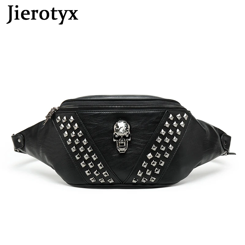 JIEROTYX Chest Bag for Women Crossbody Punk Style Rivet Skull Waist Bag Women Black Fanny Pack Leather Great Quality