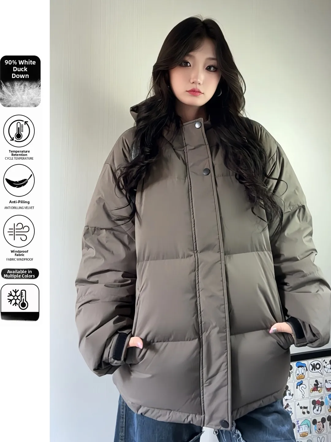 

Retro American Hooded down Jaet Women's Winter Thi Warm White Du down Coat Sli Design Polyester Fiber Windproof