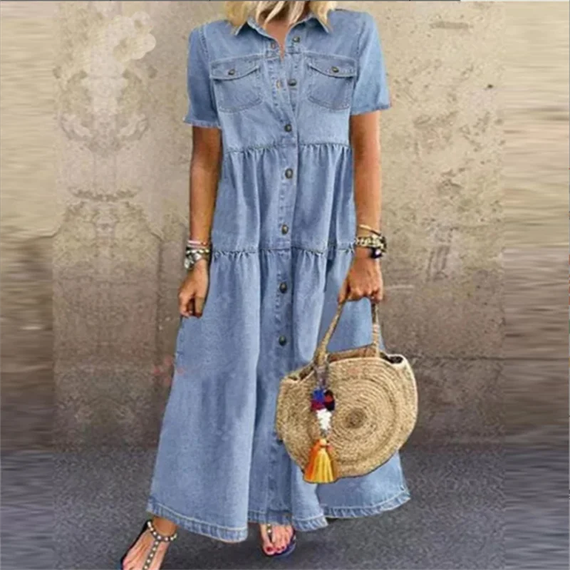 Women\'s Summer European And American Style New Stitching Long  Temperament Large Swing Skirt Slim Multi-Button Denim Dress