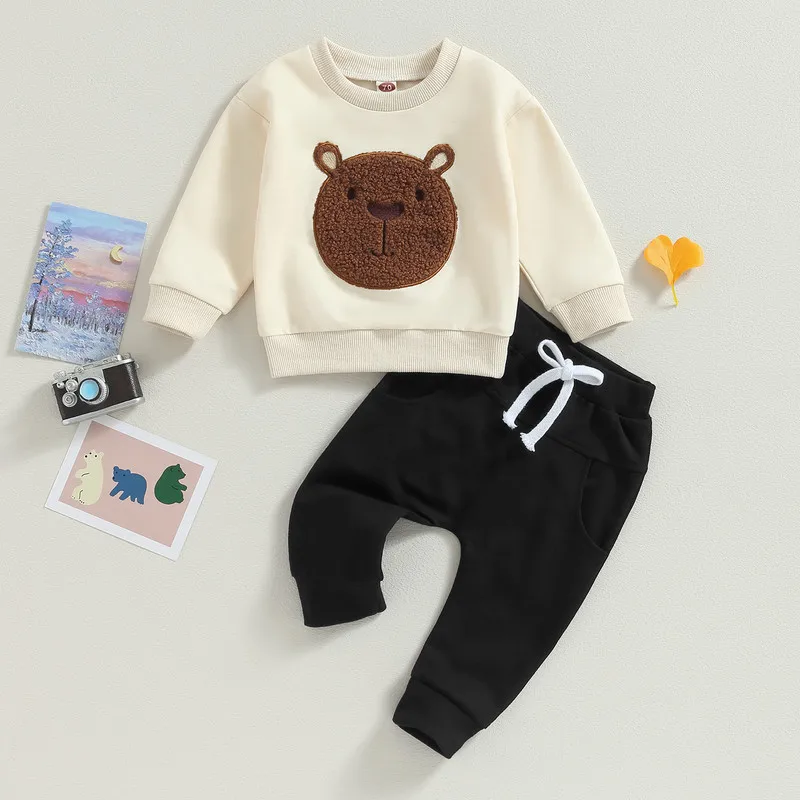 0 do 3 lat Baby Boy 2Pcs Pant Sets Spring Autumn Clothes Warm Long Sleeve Bear Embroidery Tops and Pocket Pants