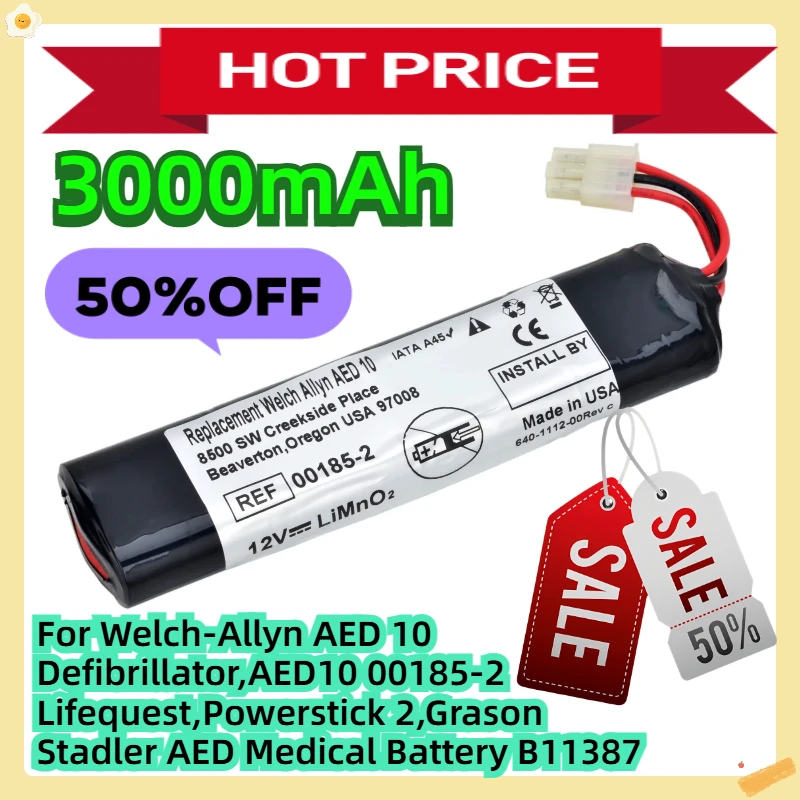 

For Welch-Allyn AED 10 Defibrillator,AED10 00185-2 Lifequest,Powerstick 2,Grason Stadler AED 12V 3000mAh Medical Battery B11387