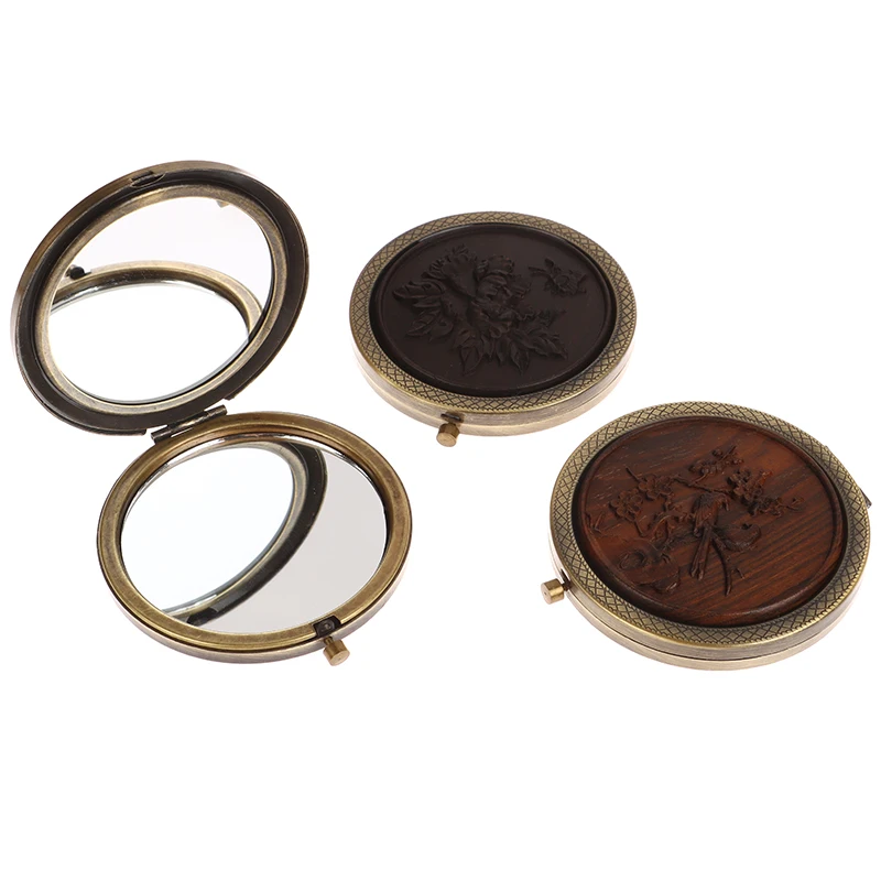 Espelho de bolso dobrável portátil para mulheres, espelho de maquiagem de madeira natural, espelho compacto, jacarandá, ampliação, retro, estilo elegante, presente, 1pc