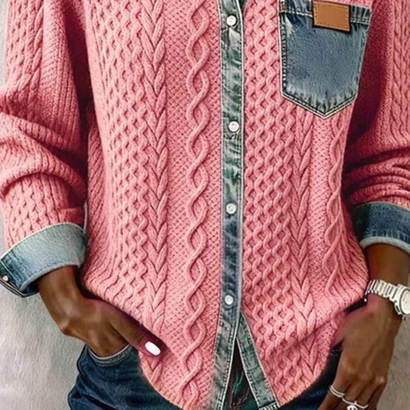 امرأة الموضة المرقعة محبوك سترة الخريف بدوره إلى أسفل طوق زر سترة الشتاء طويلة الأكمام تريكو قميص ملابس خارجية