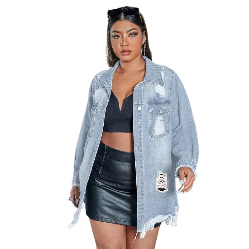 

Fashion Ripped Denim Jacket for Women Chamarras Para Mujeres with Tassels Single Breasted Holes Jeans Trench Coat Cardigan Capes