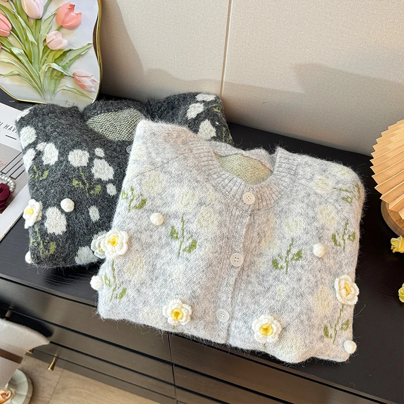 Women Light Grey 3D Floral Cardigan Sweater Vintage 2000s Y2k Aesthetic Jumper Knitwear Long Sleeves Sweater Autumn Clothes 2025