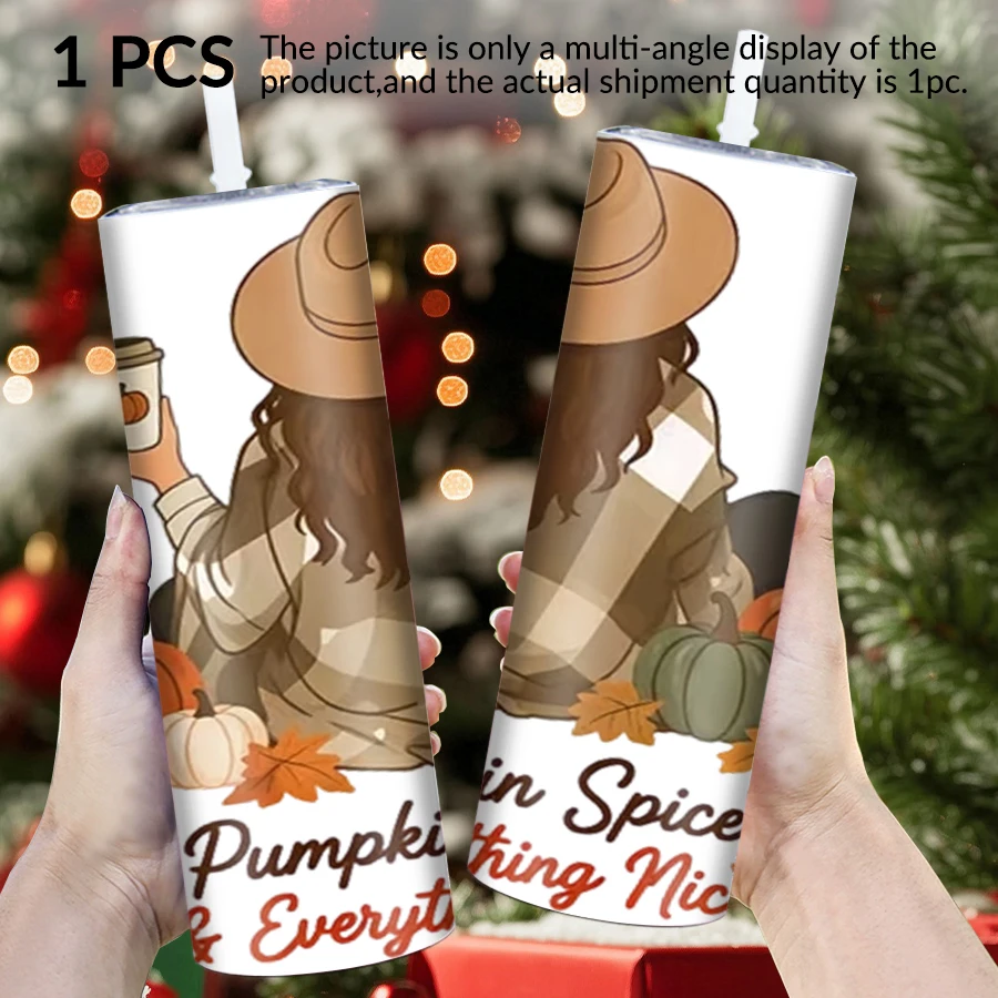 1pc 20Oz stainless steel straight cup with covered straw pumpkin girl element suitable for Christmas and Halloween as a gift.