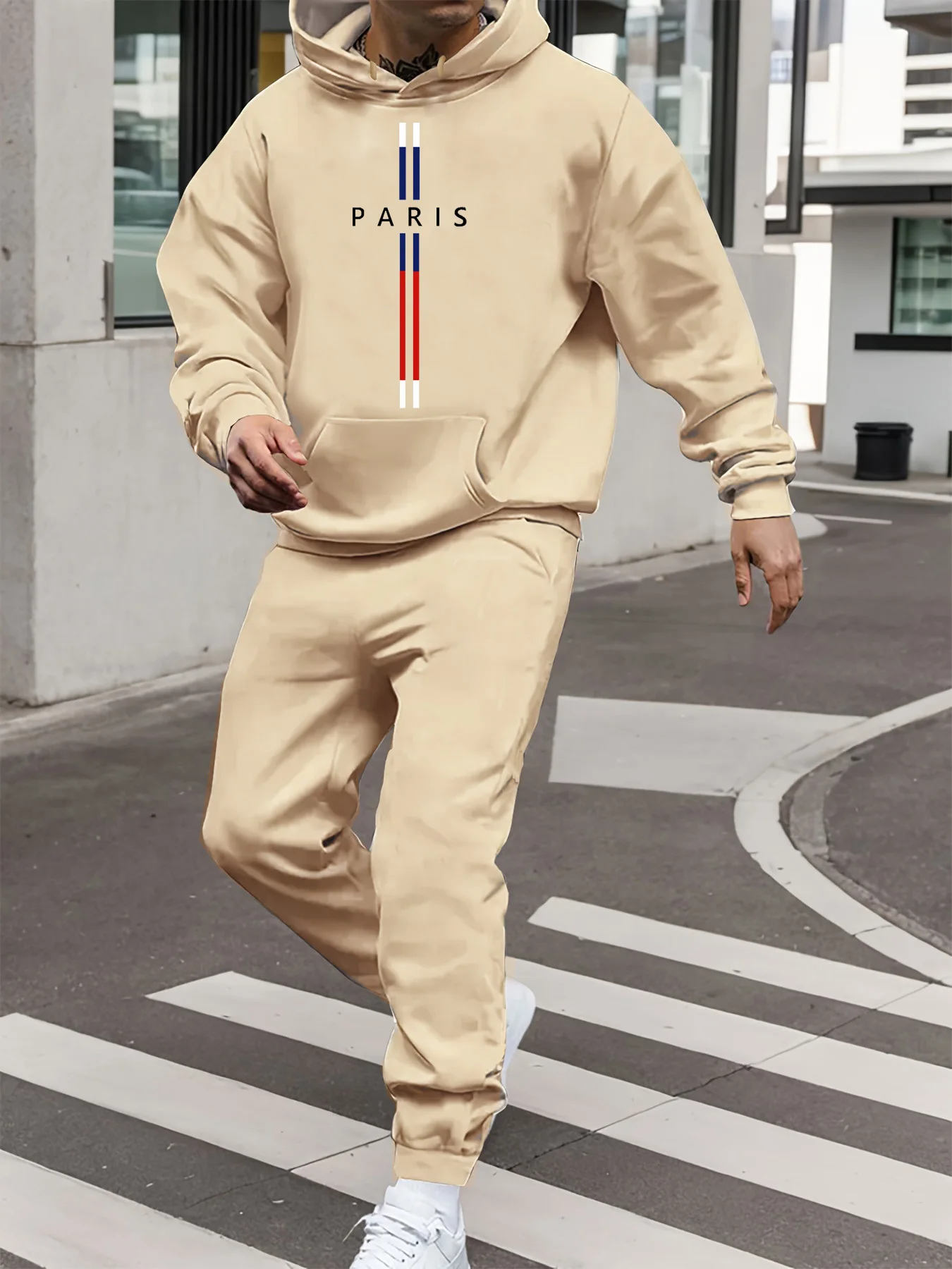 Men's Autumn/Winter Casual Fashion Warm Paris Pattern Printed Loose Thick Velvet Sports Hoodie+Sweatpants Set