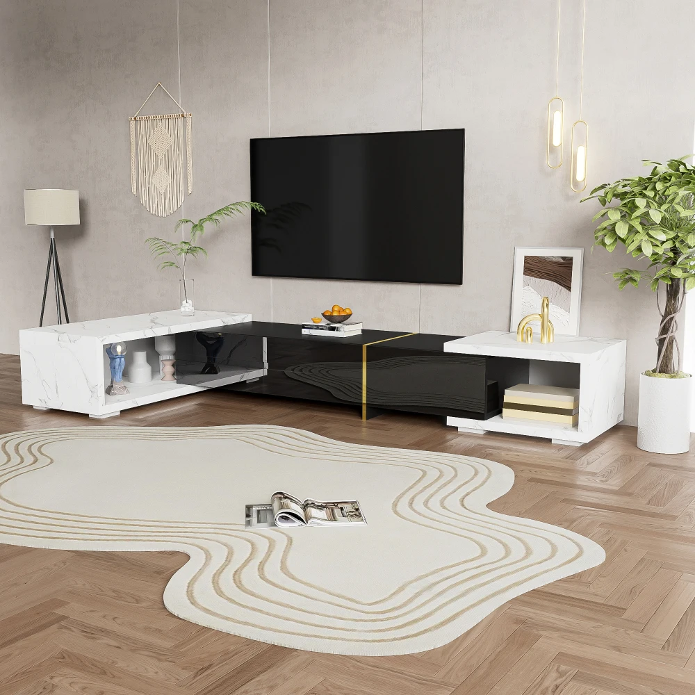 Moderner TV-Schrank mit variabler Länge (140–260 cm), drehbarer Funktion, weißes Hochglanz-Matt-Finish und goldenen Dekorationen – Detail 28
