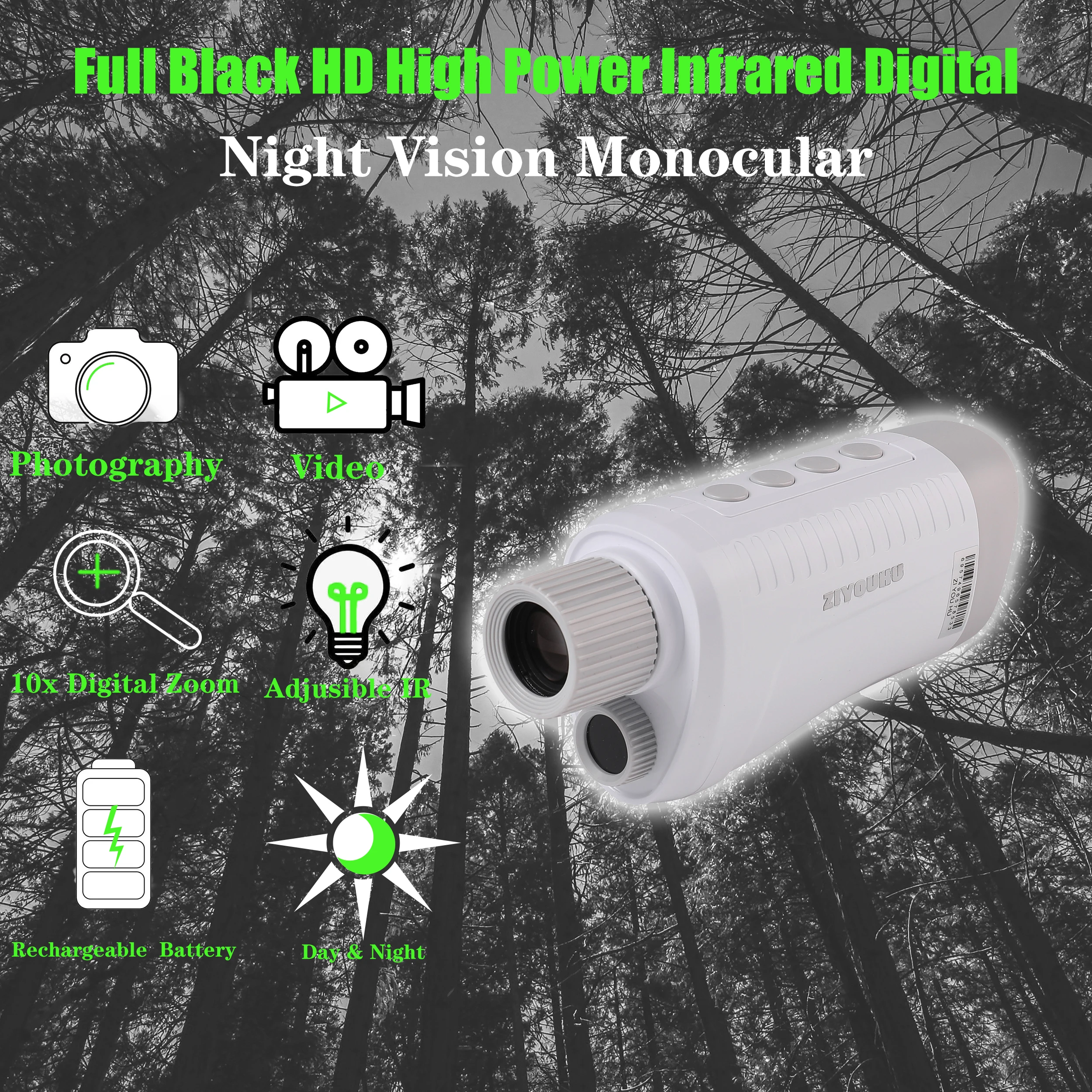 1080P HD Digital Monocular Night Vision 10X Zoom 200m Infrared Camera Photo Video Records in Total Darkness Hunting Night Vision