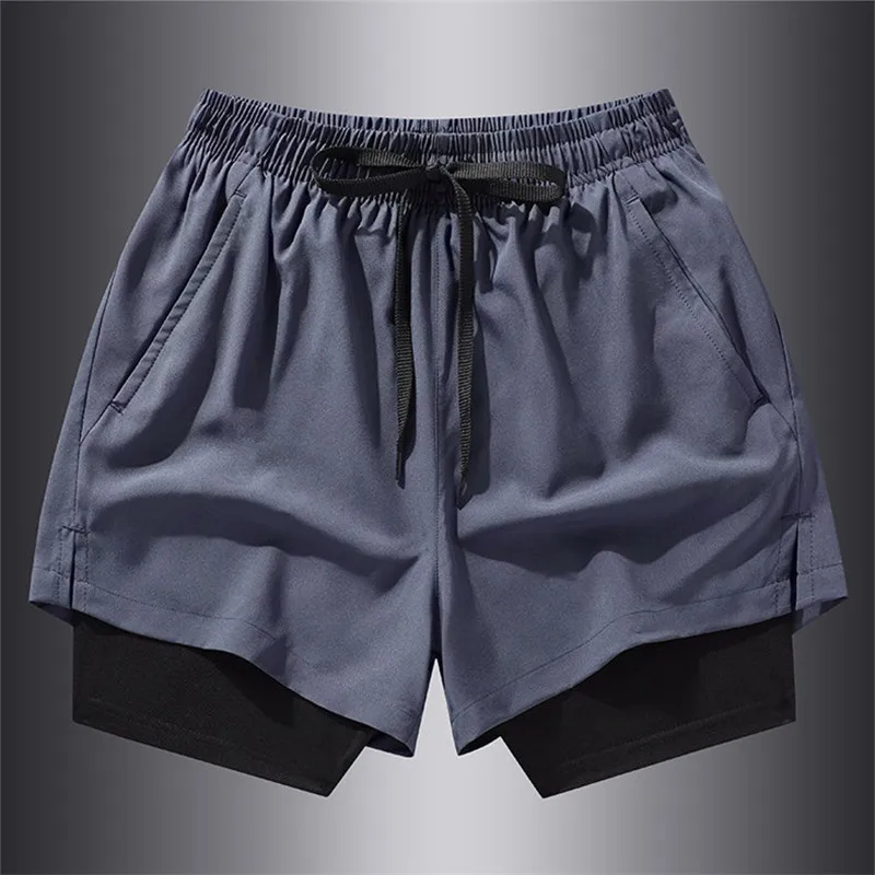 2024 Men's New Summer Solid Color High Waist Drawstring Pockets Casual Loose Fake Two-piece Quick Drying Lined Sports Shorts