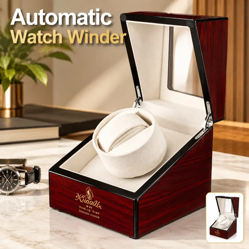 Solid Wood Watch Winder Automatic Mechanical Timepiece Rotating Casing Electric Winding Motor Container PU Leather Outer Shell