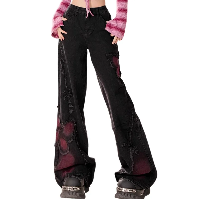 Spliced Women Ripped Patchwork Jeans Wide Leg Jean Loose Fit Full Length Pants Denim Washed High Waist Distressed Basics