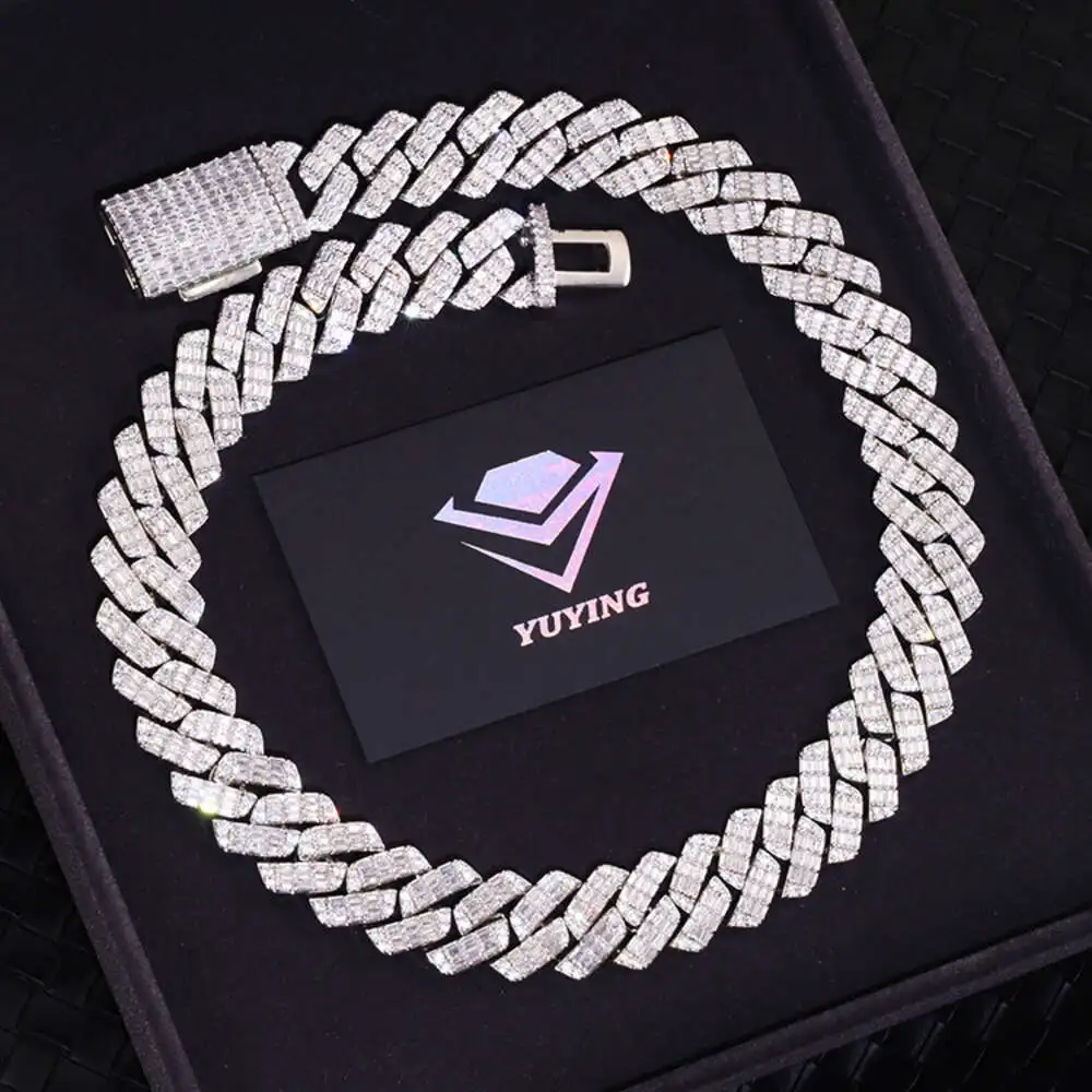 

Rapper Fashion Design 20mm Wide Cuban Link Chain S925 Silver Baguette Vvs Moissanite with Gra Certificate Gold Plated Necklace