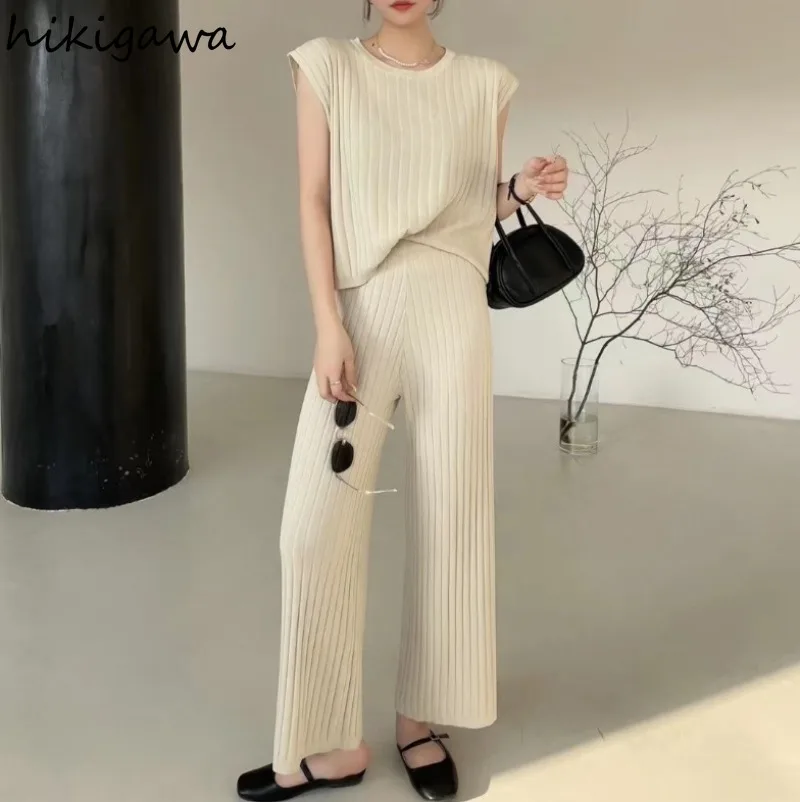 2 Piece Sets Knitting Women's Clothing Fashion Simple Outftis O-neck Sleeveless Tops Straight High Waist Wide Leg Pants Suit