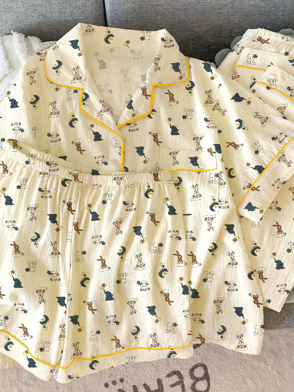 

Очаровательный летний тонкий комплект пижам с коротким рукавом и мультяшным принтом для женщин, удобная плиссированная домашняя одежда, комплект из трех предметов для подростков