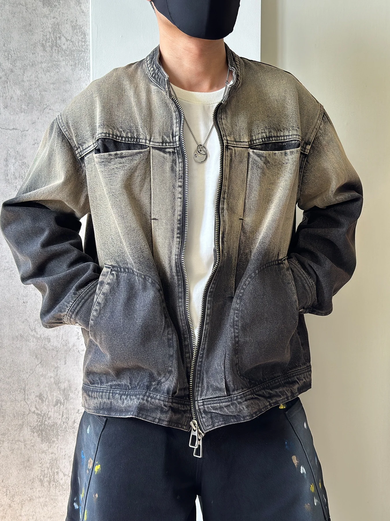 

Retro Waed American Casual Zipper Collar Men's Denim Jaet Spring Autumn ort Sle Vintage Looking Youthful Cotton Jaet