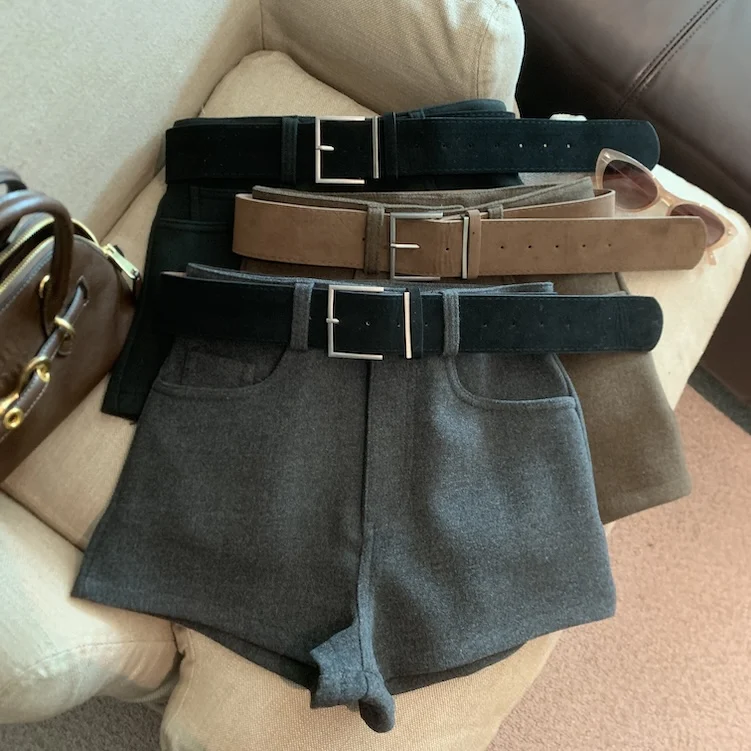 المرأة الخريف الشتاء الصوف والمزيج السراويل سيدة الشارع الشهير عالية الخصر بلون خمر دعوى السراويل القصيرة #1