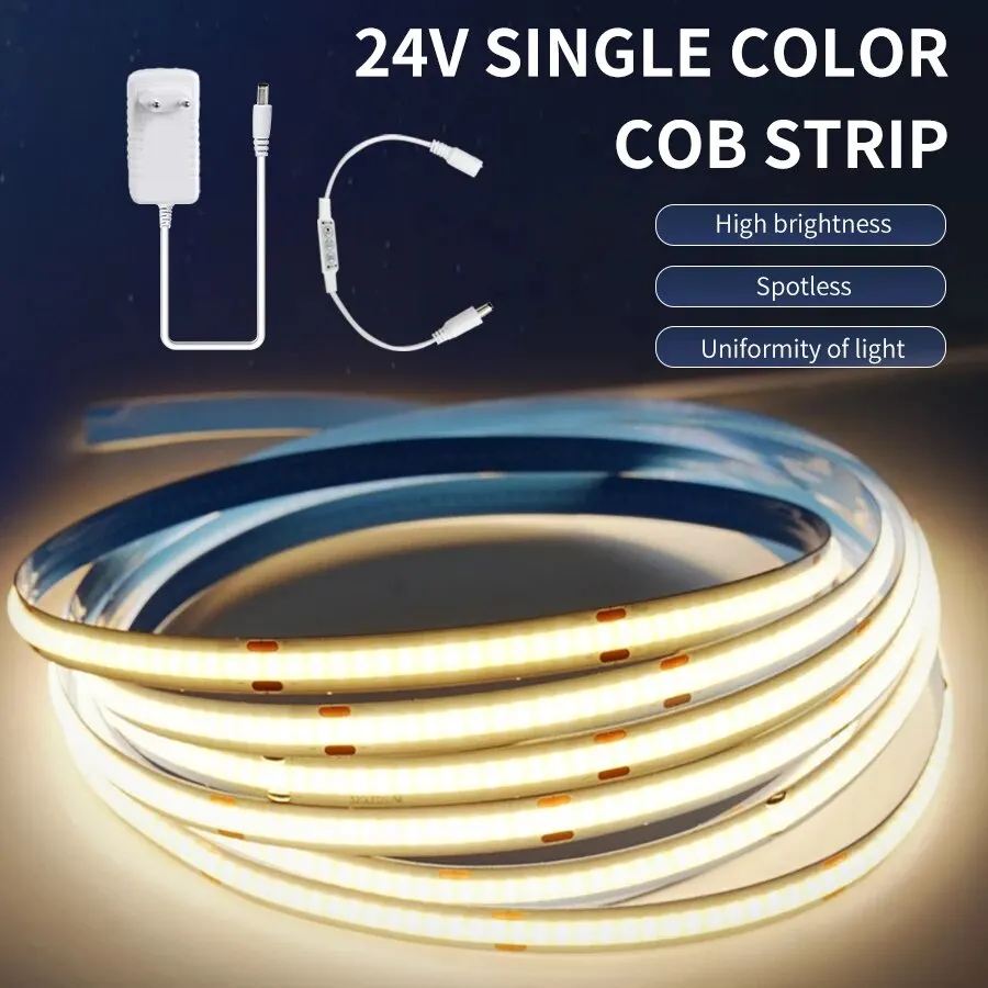 5M 10M 24V COB LED Strip Linear Cutable 320 Lamp Beads/m High Brightness Flexible Nature Cool White COB Led Tape Light EU Plug