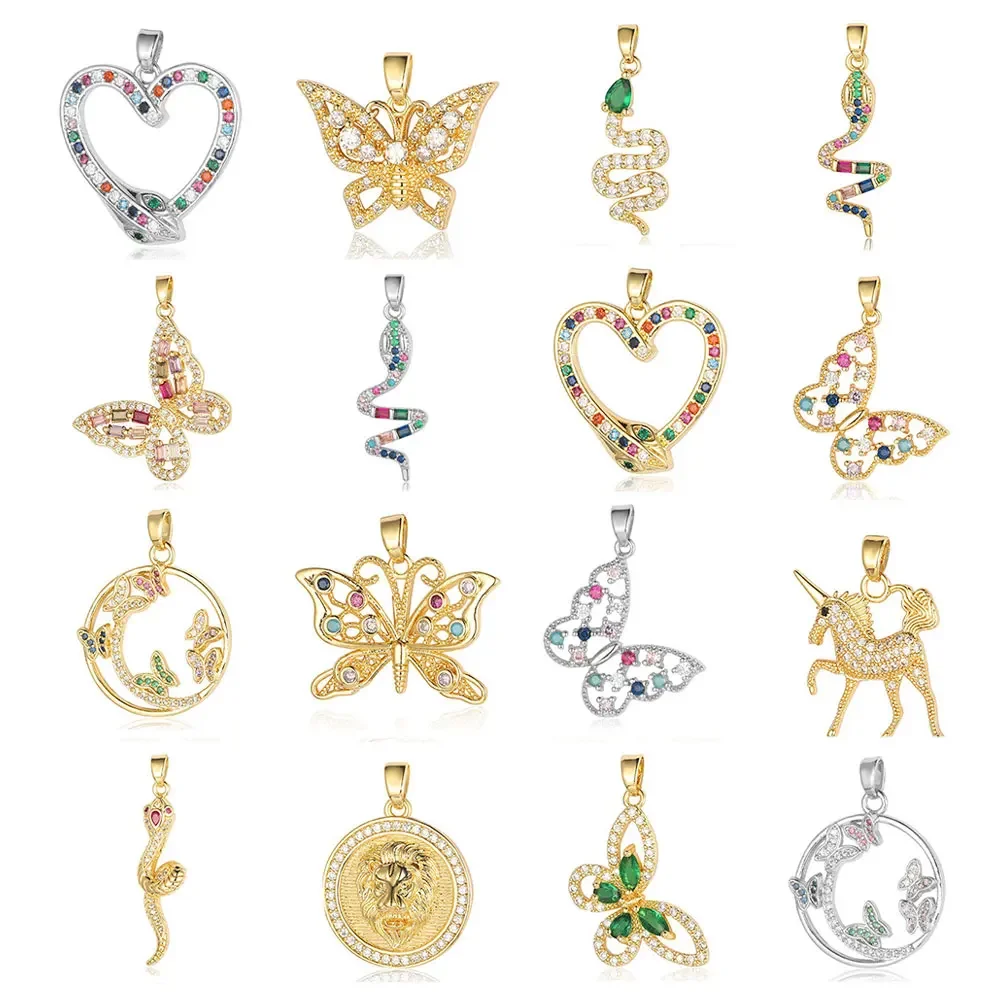3 stks/partij Vlinder Hart Koper Kubieke Zirkoon DIY Sieraden Hanger Dier Slang Eenhoorn Leeuwenkop Regenboog Charms Ketting Maken