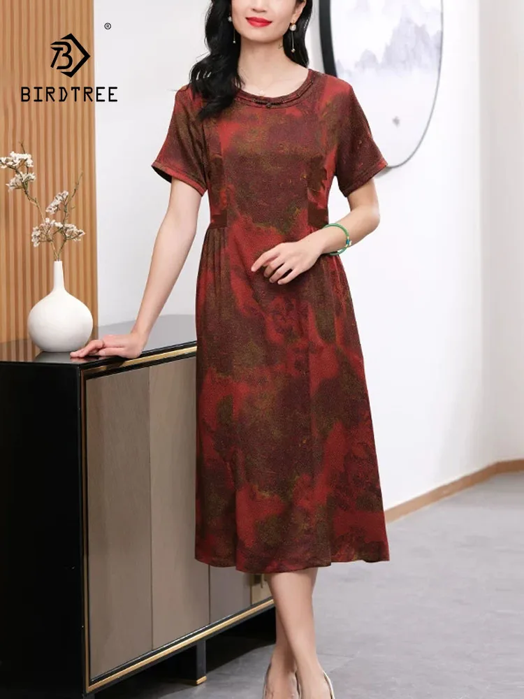

BirdTree-92%Silk 8%Spandex Women Elegant Dress, Short Sleeve O Neck Print, Mom Temperament Loose Dresses, 2026 Spring D62910CC