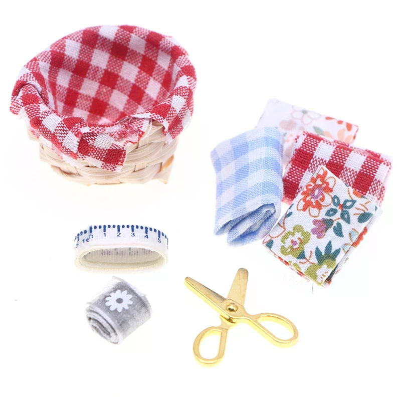 1Set 1:12 Dollhouse Miniature Sewing Fabric Basket Ruler Scissors Home Model Decor Toy Doll House Accessories