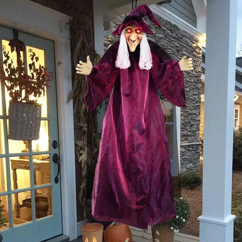 Halloween Life Size 180cm Hanging Witch Voice Control Large Spooky Hanging Talking Ghost Luminous Red Eyes Outdoor Decorations