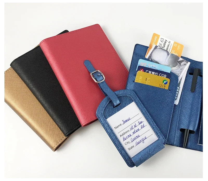 PU Leather Travel Passport Cover Luggage Tag Set Multifunctional Pen Ticket Credit Card Passport Holder Travel Purse