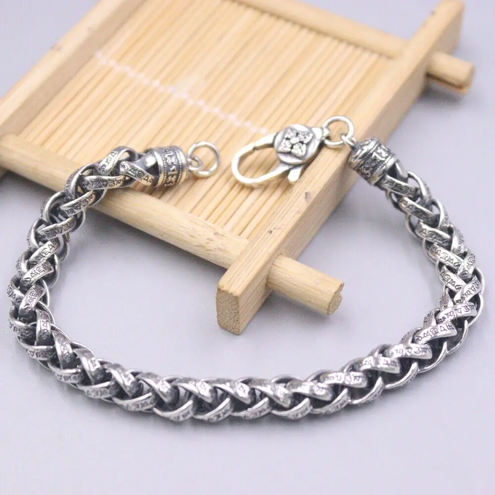 Real 925 Sterling Silver 7mm Wider Sutra Wheat Link Bracelet 7.87